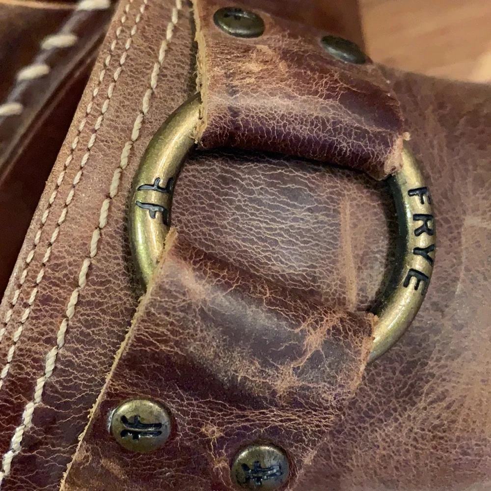 Frye Charlotte leather 8 wedge O ring stitched distressed brown mule clogs VGUC
